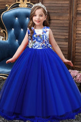 Royal Blue Scoop Neck Tulle A-Line Flower Girl Dress