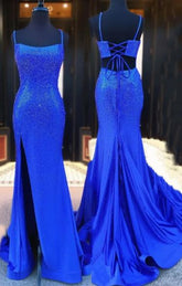 Royal Blue Spaghetti Strap Sequin Mermaid Long Prom Dress with Slit