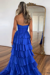 Royal Blue Sweetheart Chiffon A-Line Tiered Long Prom Dress with Slit