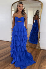 Royal Blue Sweetheart Chiffon A-Line Tiered Long Prom Dress with Slit