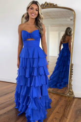 Royal Blue Sweetheart Chiffon A-Line Tiered Long Prom Dress with Slit