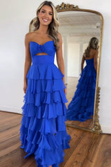 Royal Blue Sweetheart Chiffon A-Line Tiered Long Prom Dress with Slit