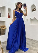 Royal Blue V-Neck A-Line Long Prom Dress with Pleats