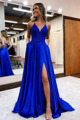 Royal Blue V-Neck Satin A-Line Long Prom Dress with Slit and Pockets