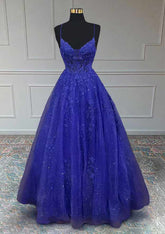 Royal Blue V-Neck Tulle A-Line Long Prom Dress with Lace Appliques