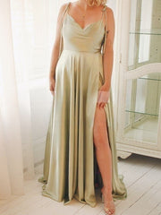 Sage Cowl Neck Satin A-Line Long Bridesmaid Dress