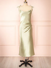 Sage Cowl Neck Satin Sheath Bridesmaid Dress with Ruching