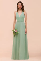 Sage Deep V-Neck Chiffon A-Line Long Bridesmaid Dress