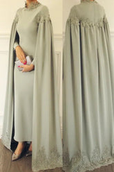 Sage High Neck Sheath Long Mother of the Bride Dress with Long Sleeves