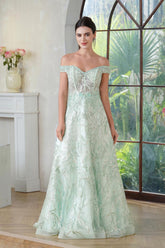 Sage Off The Shoulder A-Line Long Prom Dress with Lace Appliques