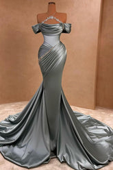 Sage Off The Shoulder Satin Mermaid Long Prom Dress