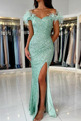 Sage Off The Shoulder Sequin Mermaid Long Prom Dress with Slit
