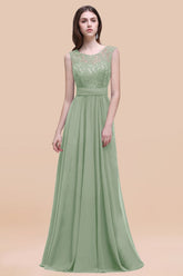 Sage Scoop Neck Chiffon A-Line Long Bridesmaid Dress with Ruching