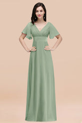 Sage V-Neck Chiffon Empire Long Bridesmaid Dress with Pleats