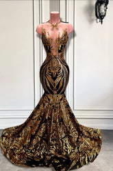 Black Sleeveless V-Neck Mermaid Long Prom Dress with Gold Sequins