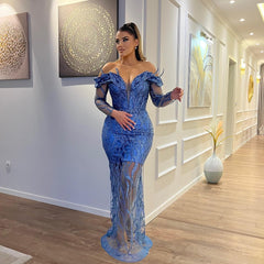 Long Mermaid Off-the-shoulder V-neck Sequined Prom Dresses with Sleeves