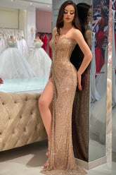 Long Mermaid V-Neck Strapless Sleeveless Sequins Prom Dress with Side Split