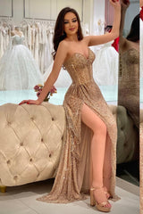 Long Mermaid V-Neck Strapless Sleeveless Sequins Prom Dress with Side Split