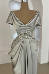 Sheath Crew Cap Short Sleeves Sweep Train Ruched Prom Dresses