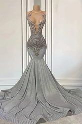 Silver Long Mermaid Halter V-Neck Prom Dress Sleeveless Sweep Train With Beadings Crystal