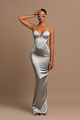 Silver Halter Satin Sheath Long Prom Dress with Corset Bodice