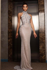 Silver High Neck Sequin Mermaid Long Evening Dress