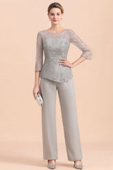 Silver Scoop Neck Sequin Two Piece Long Mother of the Bride Pantsuit with Rhinestones