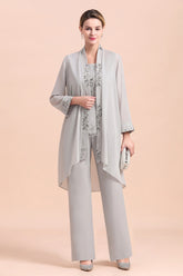 Silver Scoop Neck Sequin Two Piece Long Mother of the Bride Pantsuit