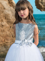 Silver Scoop Neck Tulle Ball Gown Flower Girl Dress with Floral Details Bodice Detail