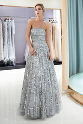 Silver Strapless Sequin A-Line Long Evening Dress with Beading