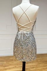 Silver V-Neck Sequin Sheath Homecoming Dress with Beading Back View