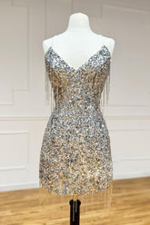 Silver V-Neck Sequin Sheath Homecoming Dress with Beading