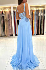 Simple Long A-line Sweetheart Chiffon Lace Backless Prom Dress with Slit