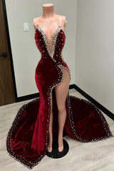 Formal Mermaid Sweetheart Sleeveless Chapel Train Split Side Prom dresses with Crystal