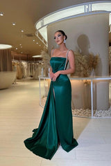 27Dress Spaghetti-Strap Satin Long Evening Dress with Split