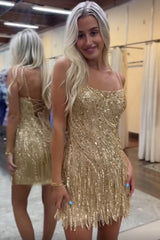Sparkly Blue Spaghetti Straps Sequins Short Bodycon Homecoming Dress with Tassel