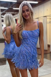 Sparkly Blue Spaghetti Straps Sequins Short Bodycon Homecoming Dress with Tassel