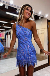 Sparkly Blue Tight One Shoulder Short Sequins Homecoming Dress with Tassel