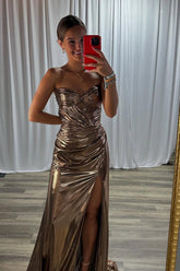 Sparkly Gold Sweetheart Metallic Ruched Mermaid Long Prom Dress with Slit