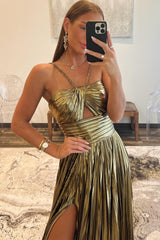 Sparkly Golden A Line Halter Neck Long Prom Dress with Keyhole Slit
