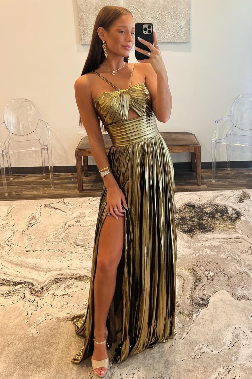 Sparkly Golden A Line Halter Neck Long Prom Dress with Keyhole Slit