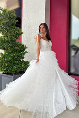 Sparkly White A Line Tiered Beaded Long Ruffled Pageant Dress with Slit