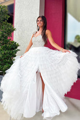 Sparkly White A Line Tiered Beaded Long Ruffled Pageant Dress with Slit