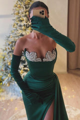 Exquisite Gloves Green Split Front Strapless Long Mermaid Prom Dress