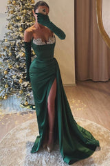 Exquisite Gloves Green Split Front Strapless Long Mermaid Prom Dress