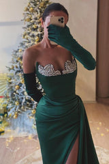 Exquisite Gloves Green Split Front Strapless Long Mermaid Prom Dress