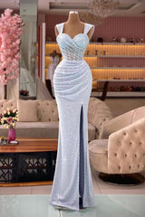 Sheath Sweetheart Sleeveless Crystal Pleats Prom Dresses with Sweep Train Split Front