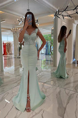 Beautiful Long Mermaid Sweetheart Satin Sequins Buttons Prom Dress with Slit
