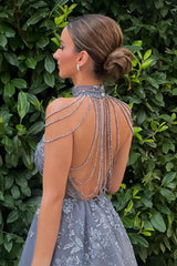 Glamorous A-line Halter Tulle Backless Short Prom Dresses with Flower