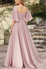 Sweetheart Short Sleeves A-line Long Formal Dress with Slit